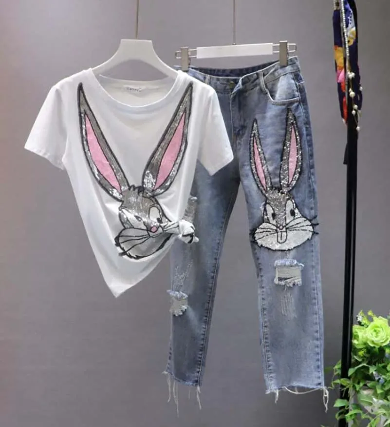 

NiceMix 2019 Spring Summer New Cartoon Rabbit Sequins Jeans with T-shirt Two Pieces Suit Women's Holes Leisure Jeans Pants Sets