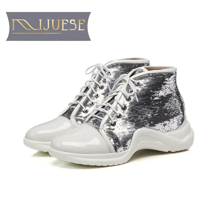 

MLJUESE 2018 women ankle boots cow leather silver color Bling Bling high heels winter short plush women boots size 34-43