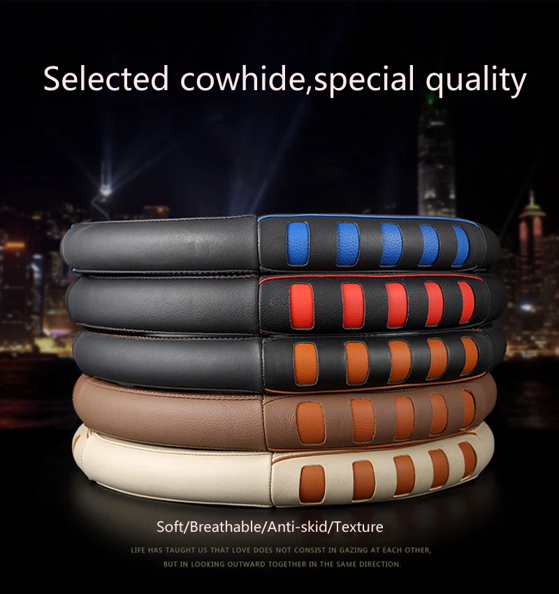 

Universal Top Layer Cowhide Car Steering Wheel Cover Anti-Slip Leather Soft Breathable Anti-skid Fit Match For Most Cars