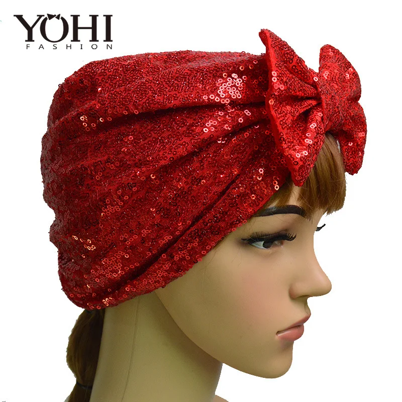 Элегантный женский бантик бабочка блестки головной платок обертывание головы тюрбан мягкий тюрбан с узлом шапочка тюрбан шапка для ladie шляпа