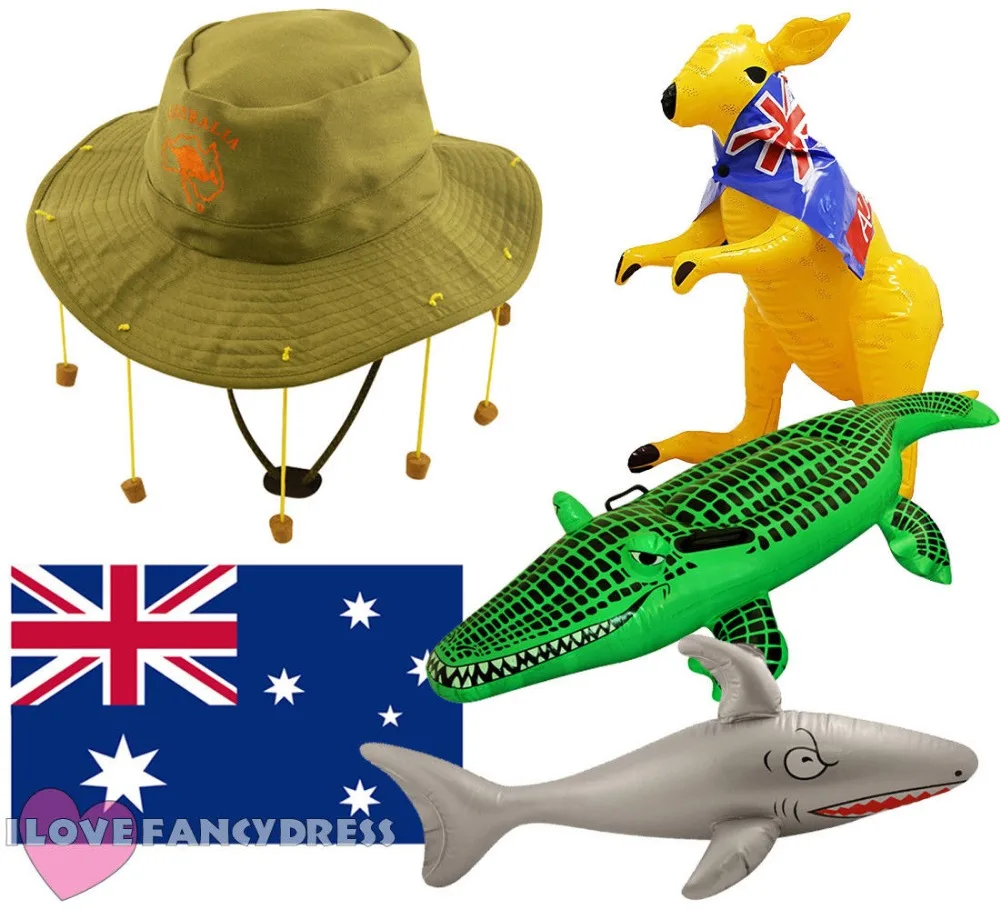 

CORK HAT FLAG AND CHOOSE INFLATABLE CROCODILE KANGAROO SHARK TOY AUSTRALIA FLAG DAY FANCY DRESS PACK AUSSIE KIT