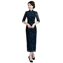 Шанхай история 2019 осеннее женское кружевное платье с коротким рукавом в винтажном стиле Qipao с высоким разрезом cheongsam длинное китайское