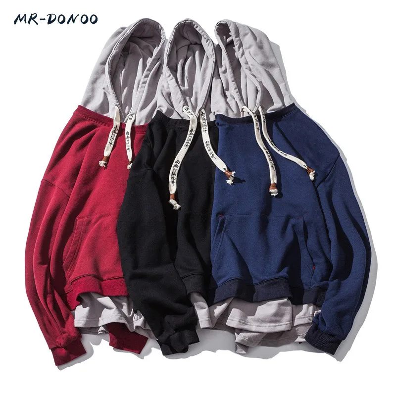 

MRDONOO New Men Sweatshirt Chinese Traditional Style cotton rope stitching solid color loose hooded pullover long sleeve sweate