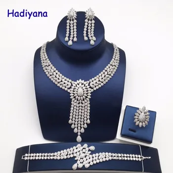 

Nankiya New Tassel Drop Women Wedding Jewelry Sets Cubic Zirconia Saudi Arabia Statement Necklace 4pcs Set Factory Price NC733