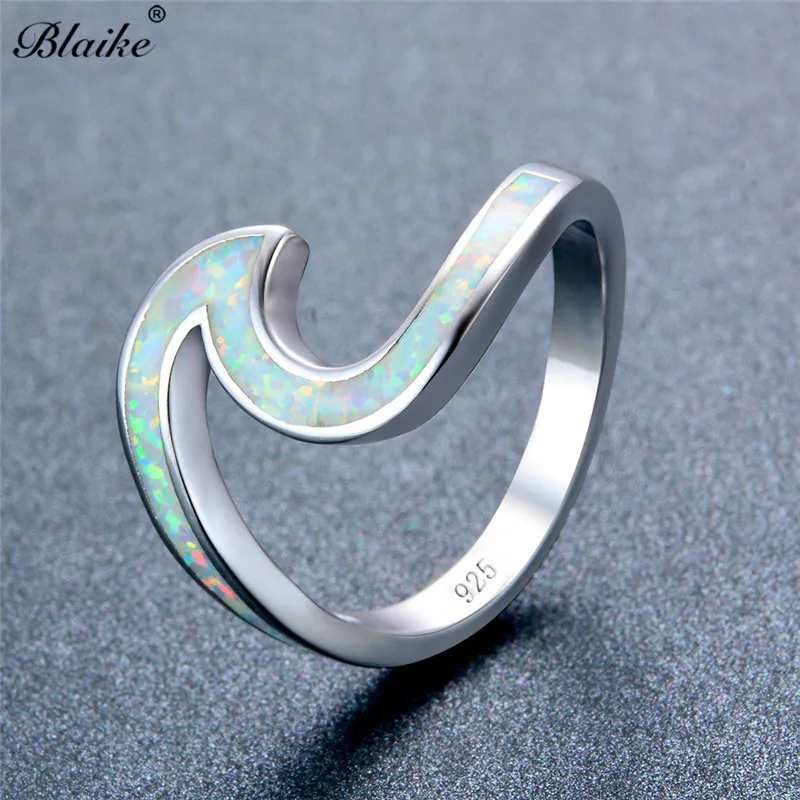 

Blaike White/Green/Blue/Purple/Pink/Orange Fire Opal Ocean Wave Rings For Women 925 Sterling Silver Filled Birthstone Beach Ring