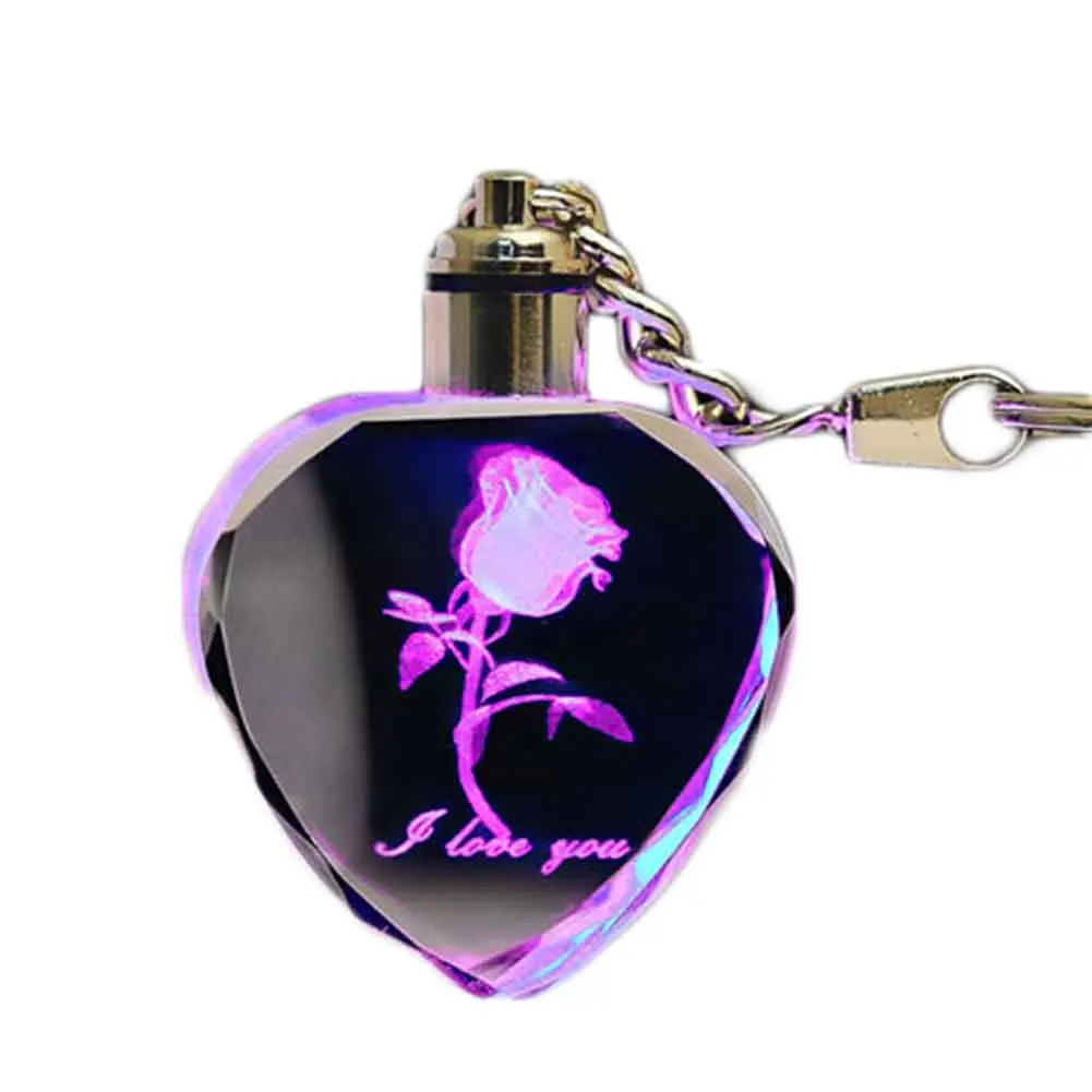 

Hot Personality Rose Pattern Luminous Keyring Square Crystal LED Light Change Key Chain Key Accessories Gift