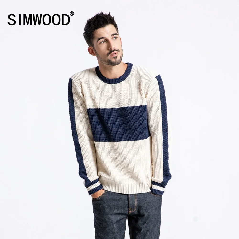 

SIMWOOD New 2019 Winter Sweater Men Fashion Slim Fit Contrast Color Knit Pullover Plus Size Striped Brand Clothing Male 180549