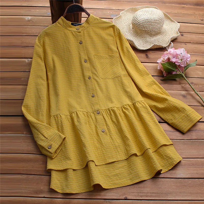 Fashion womens tops and blouses summer Autumn 2018 Long Sleeve Shirt Cotton Linen Striped Casual Loose Blouse camicette A22#N  (2)