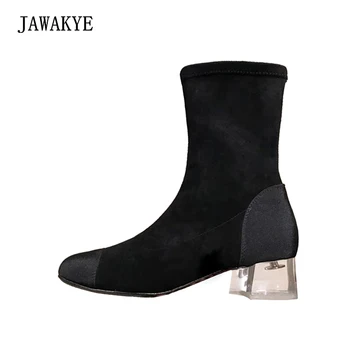

New Black Suede Ankle Boots Women elastic Autumn Wimter Shoes Woman Round Toe Patchwork square Clear heels Flat boots for women