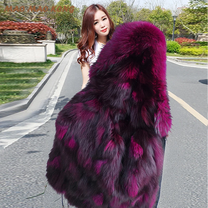 Модная зимняя женская уличная куртка Парка Воротник с натуральным мехом енота Подклад из натурального меха лисы Распродажа
