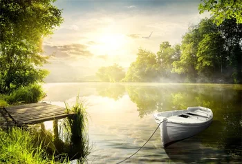 

Laeacco Morning Sunrise Forest Riverside Boat Scenic Photography Backgrounds Customized Photographic Backdrops For Photo Studio
