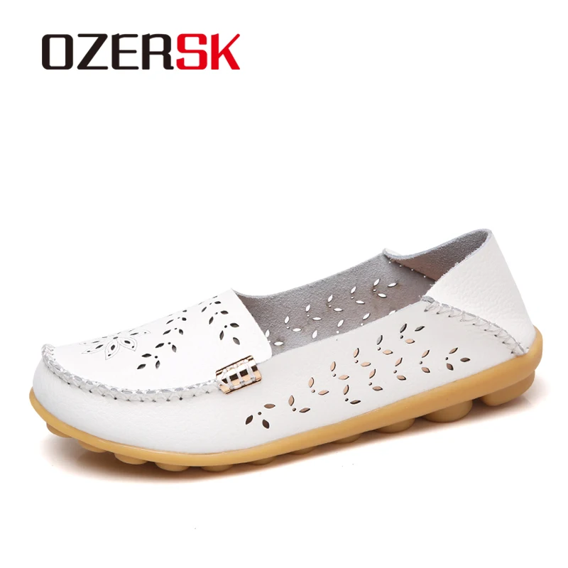 

OZERSK Brand New Women's Casual Shoes Genuine Leather Hollow Woman Flats Soft Loafers Female Breathable Footwear Solid Shoes