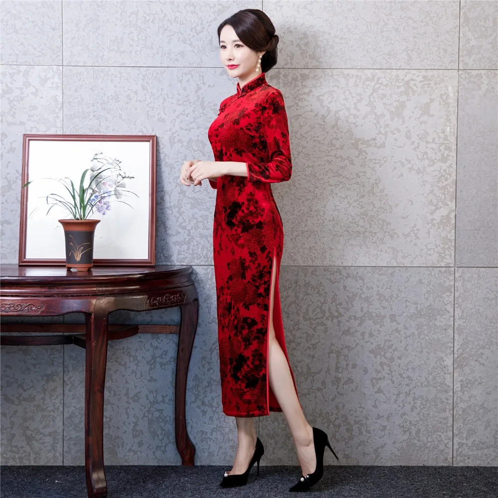 Шанхай история новая распродажа с длинным рукавом Винтаж чеонгсам с цветочным узором красные длинные бархатные платье Чонсам Для женщин