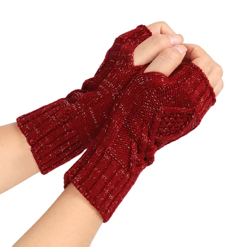 

Warm Rhombus Knitted Winter Solid Color Half-finger Gloves Fashion Women Mitten