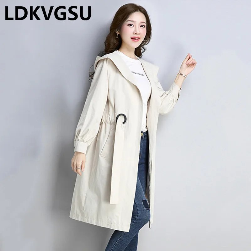 

2018 Spring Autumn New Women Korean Cardigan Windbreaker Jacket Large Size Belt Long Hooded Windbreaker Female Beige Black Is806