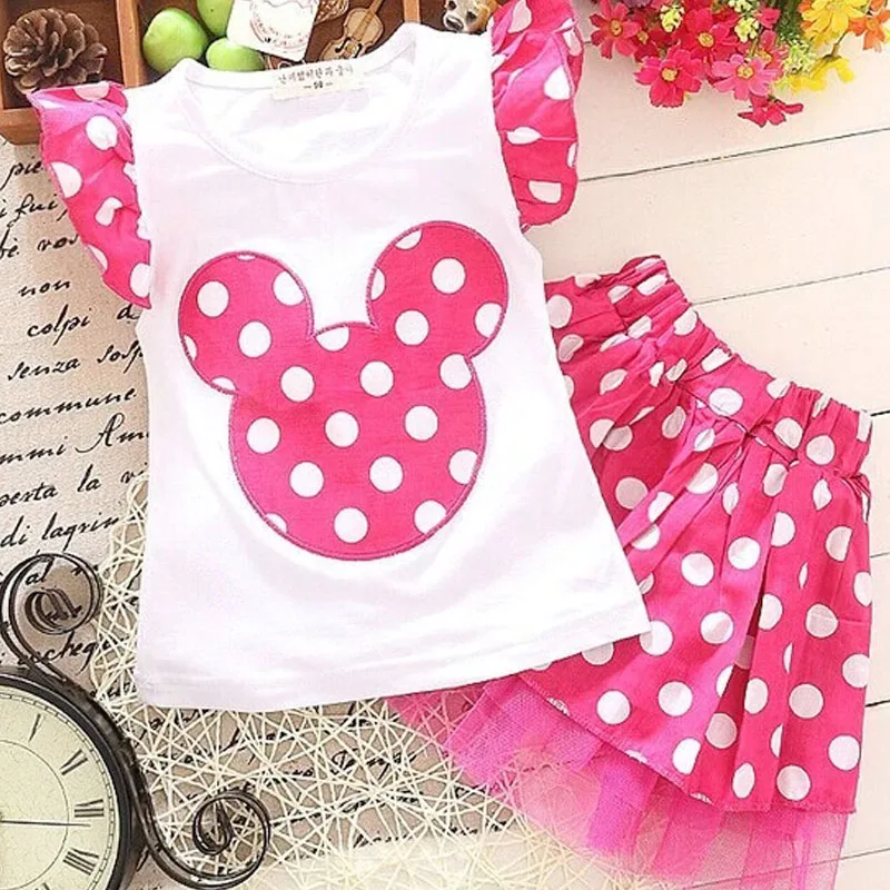 

2pcs Girl Sweet Summer Fashion Dress Printing Wave Ruffle Short Sleeved Dresses Cotton Casual Clothes Suit Children