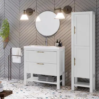 

Bathroom Freestanding Vanity Cabinet Kansas | Matte white | Old gold handle | 80 x 88.5 x 45 cm | vanity + sink | 2 drawers