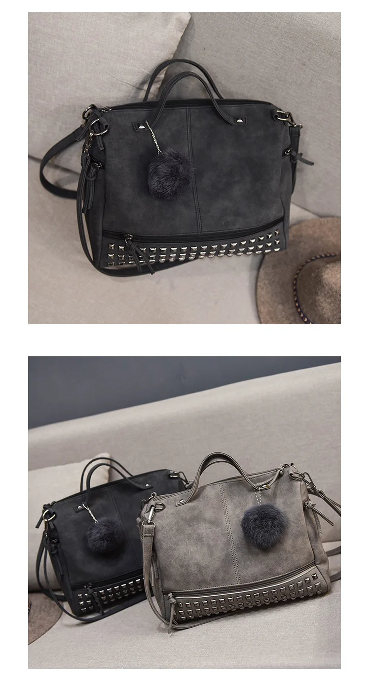 MJ Brand Design Women Handbag Fashion Suede Leather Top-Handle Bags Hair Ball Rivets Shoulder Bag Large Motorcycle Messenger Bag (22)
