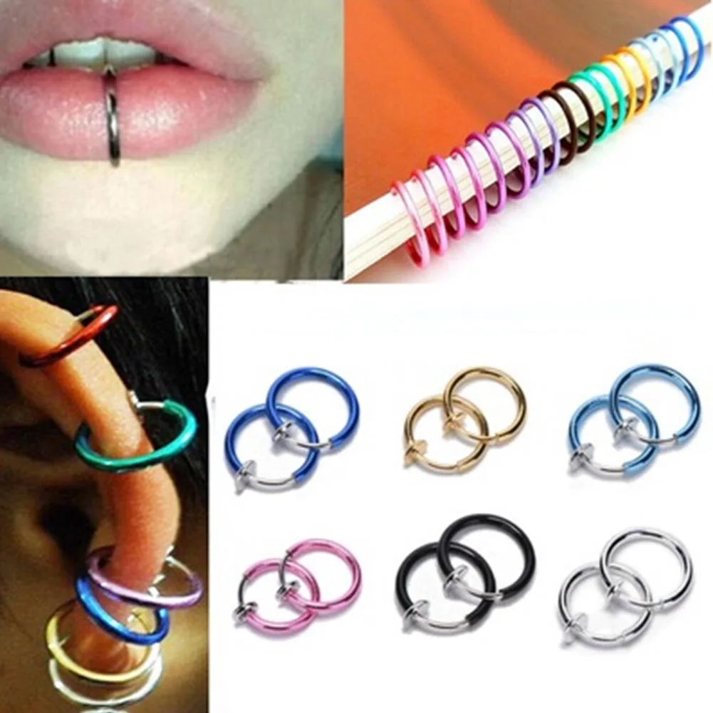 

2 pcs No Holes! Fake, Non Piercing Spring Hoops Jewelry (Lip, Ears, Nose) Clip On 2 Pieces