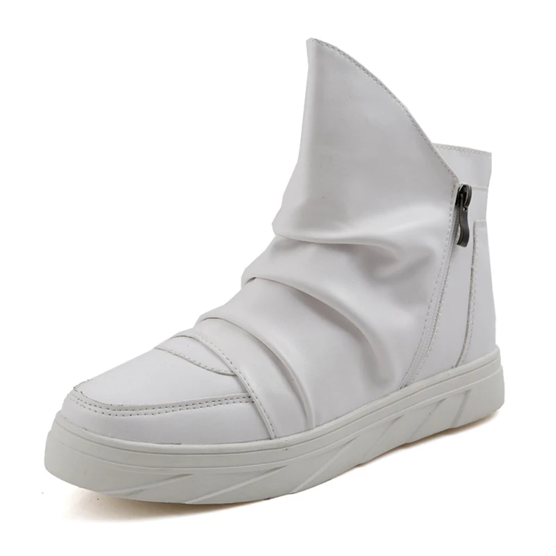 Weweya/плиссированные мужские кожаные ботинки из искусственной кожи; модные мужские ботинки в британском стиле с молнией; повседневная обувь с высоким берцем; Мужская Черная Рабочая обувь - Цвет: White