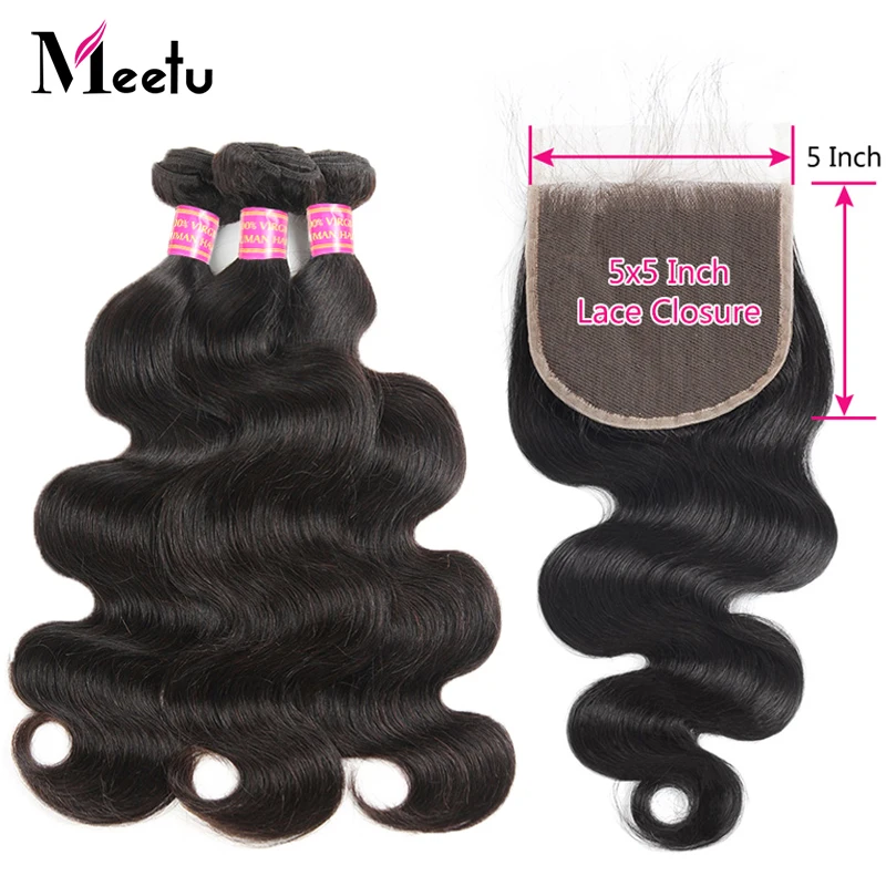 

Meetu Brazilian Body Wave Bundles with Closure 5x5 Non Remy Human Hair Bundles with Closure Baby Hair 3 Bundles with Closure