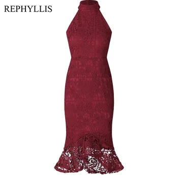 

REPHYLLIS Women Vintage Halter Neck Backless Floral Lace Fishtail Bodycon Evening Party Wedding Ceremony Mermaid Dress