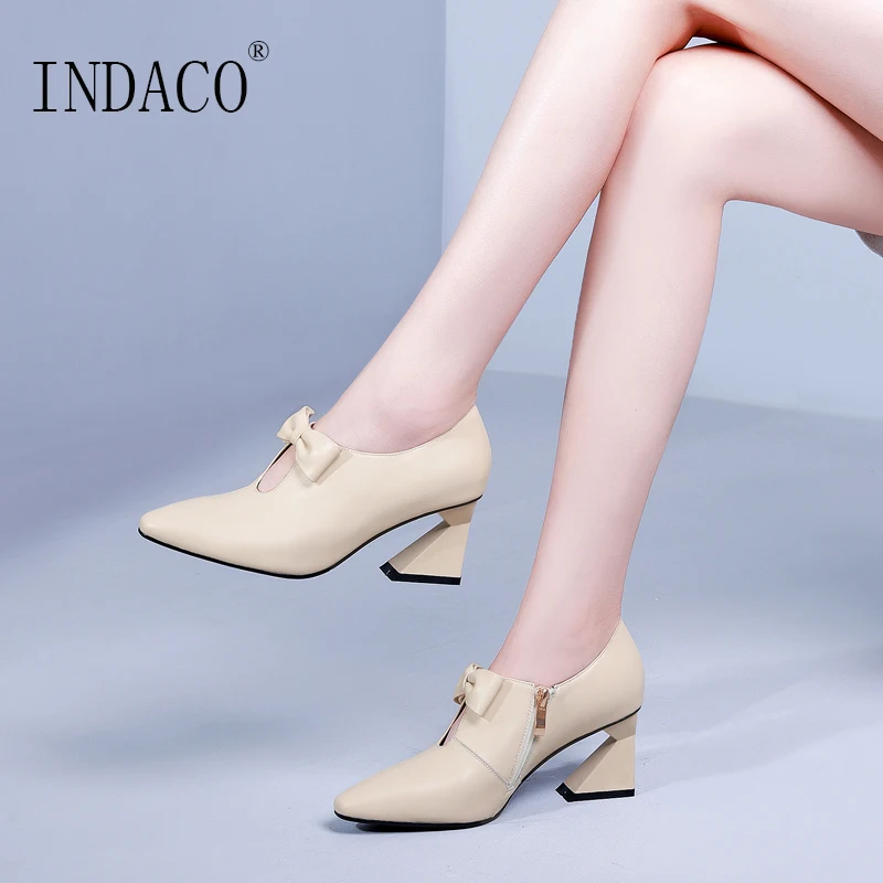 

Thick High Heel Shoes 2018 Women Leather Boots Pointed Toe 6.5cm Bowties Strange Heel