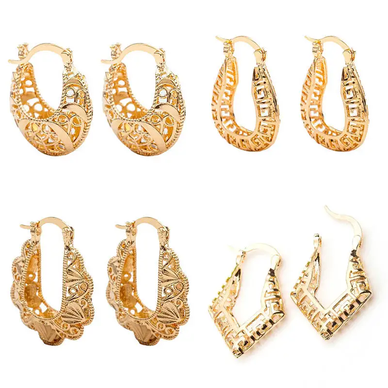 New Design U Shape Hoop Earrings Gold Color Hollow Flower Earring Round Circle Ear Jewelry