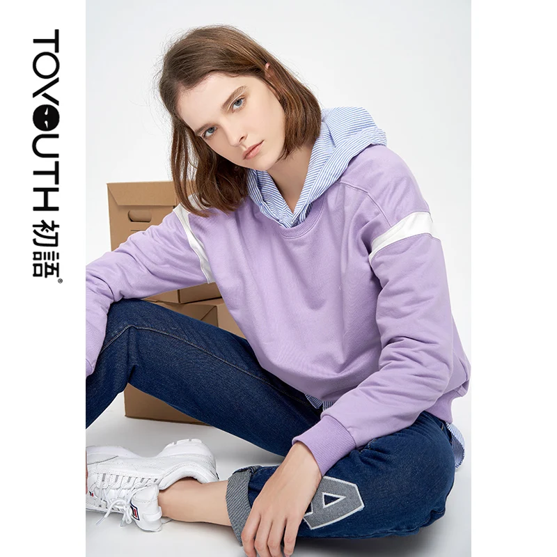 Toyouth фиолетовый О образным вырезом Футболка Для женщин Ulzzang свитер с длинными