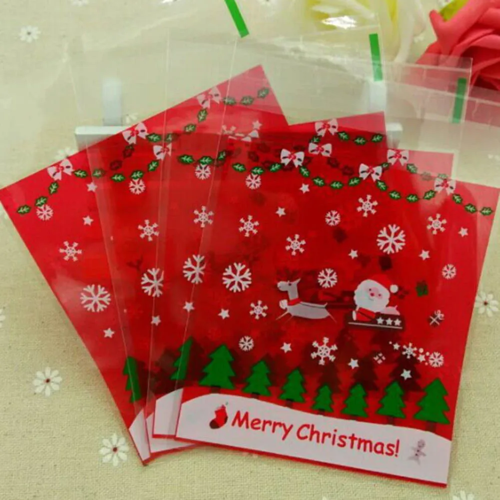 

100pcs/pack 10x10cm Christmas tree Santa Claus gift ziplock Bags Cookies Cake biscuit candy Self-adhesive Packaging Party bag