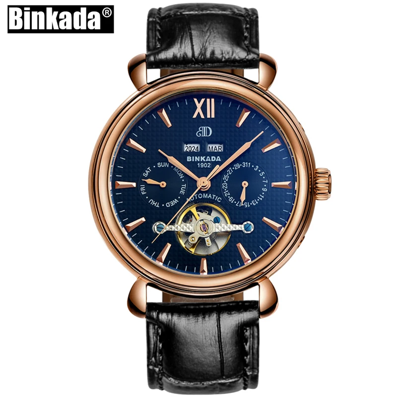 

Luxury Men Mechanical Watch Large Size BINKADA Automatic Watches Sport Casual Men Wristwatch Business Skeleton Toubillion Watch