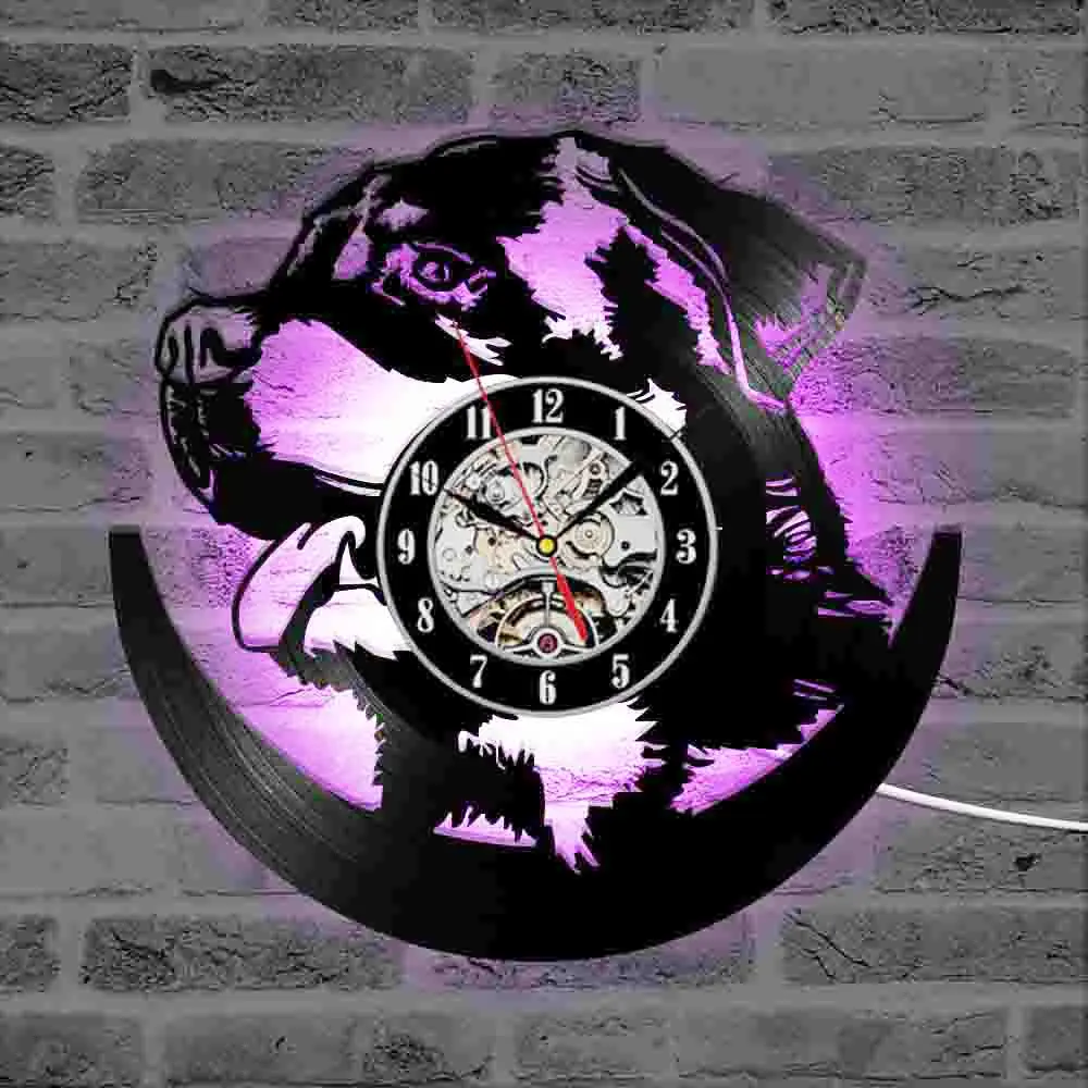 Baratos Hueco perro Rottweiler 3D iluminación LED Reloj de pared de diseño moderno vinilo registro reloj de u silueta habitación decoración colgante reloj