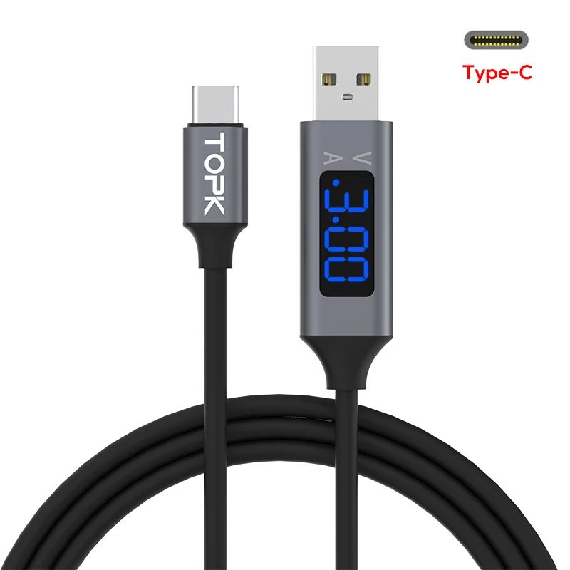 TOPK D-Line2 кабель usb type C, отображение напряжения и тока type-C кабель для быстрой зарядки и синхронизации данных USB-C для samsung Xiaomi huawei - Цвет: Серый
