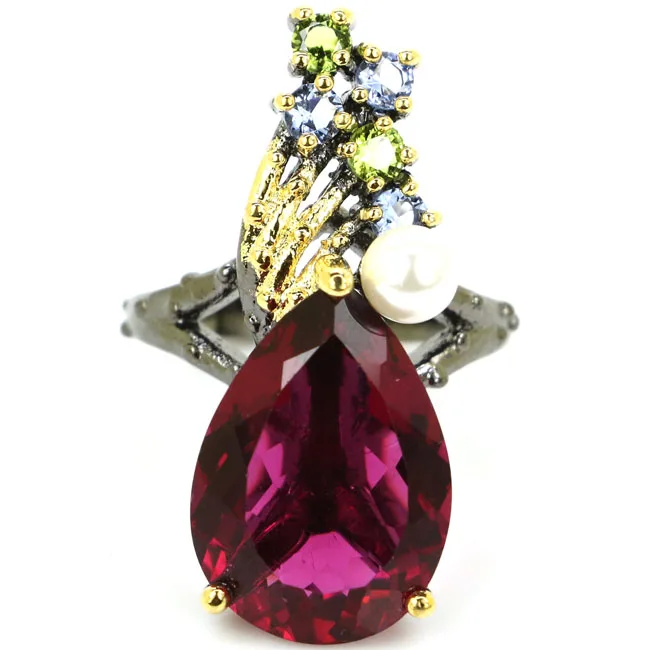 

7.75# Vintage Style Pink Tourmaline Tanzanite Peridot Gift For Girls Black Gold Silver Ring 33x13mm