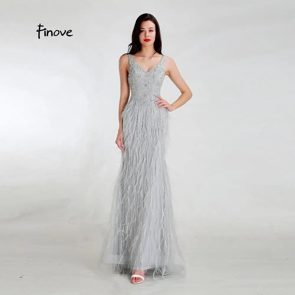 Finove дизайн светильник серый вечер платья длинные сексуальным вырезом на спине и элегантное платье с фатиновой юбкой с Бисер перья Русалка Вечерние платья - Цвет: Light Grey