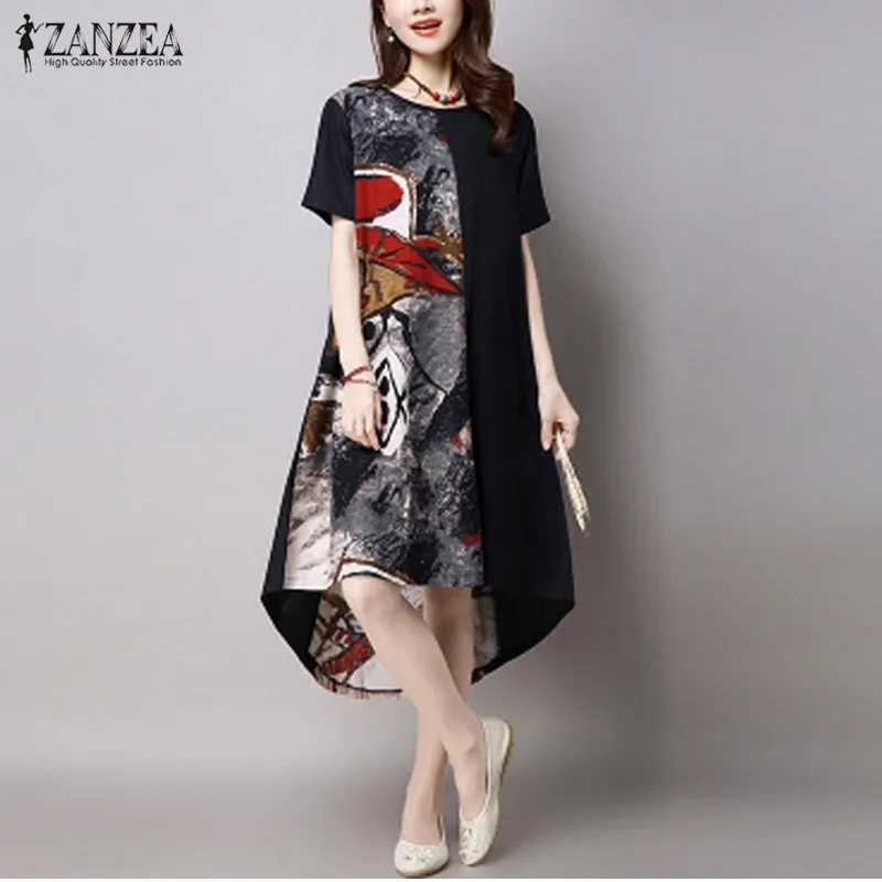 

ZANZEA Women Dress 2019 Summer Vintage Print Dress Casual Loose O Neck Short Sleeve Irregular Hem Vestidos Plus Size