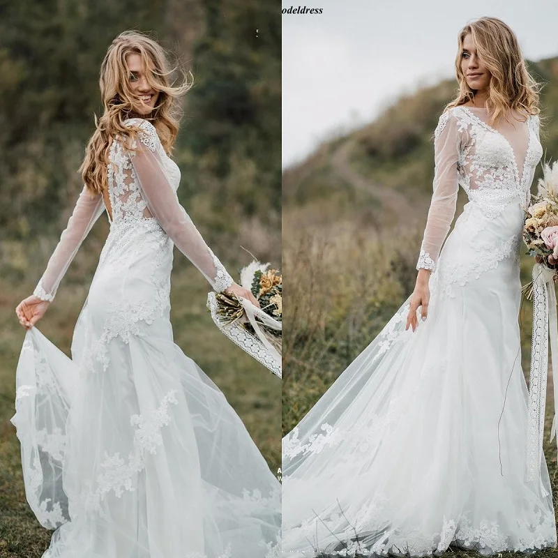 

Open Back Boho Wedding Dresses 2019 Sheer O-Neck Sweep Train Lace Appliques Tulle Sheath Beach Bridal Gowns Robe De Mariee