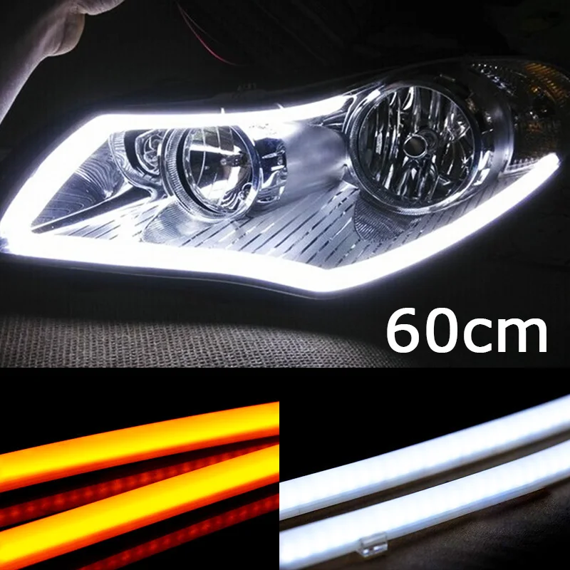 

White Yellow Red New 2PCS 60CM DRL Flexible LED Tube Strip Daytime Running Lights Turn Signal Angel Eyes Car Styling Parking