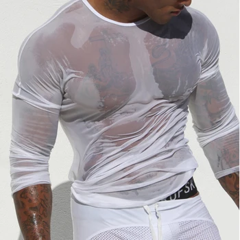 

Super Sexy Long-sleeve T-shirts Mesh Sheer Transparent Checkered Shirt JJSOX T-shirts Tees Tops tshirt Exotic Net for Brave Men