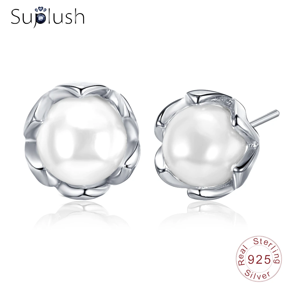 

Suplush Elegant White Pearl Ball Earrings Stud 100% 925 Sterling Silver New Cute Bride Earrings for Wedding PSER0004-B