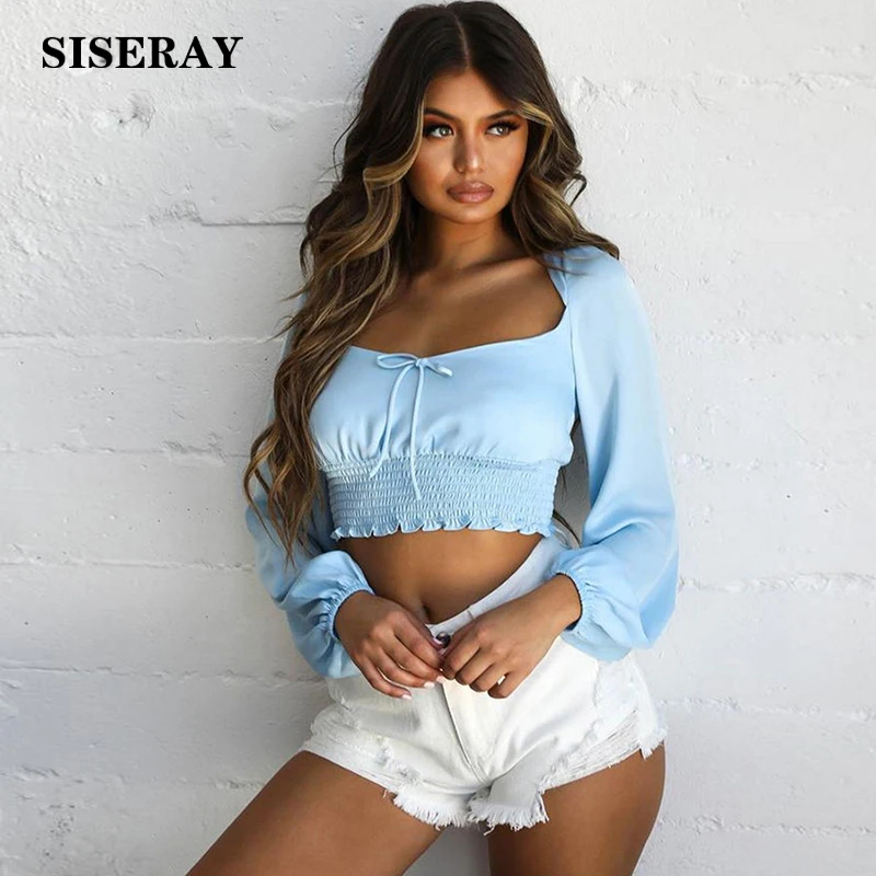 

Vintage Square Neckline Puff Sleeve Womens Tops And Shirts Back Cross Lace Up Sexy Crop Top Full Sleeve Solid Color Blouse Femme