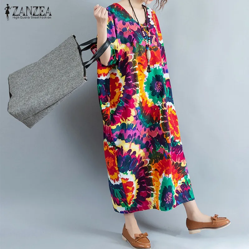 

Vestidos 2019 Summer ZANZEA Women Vintage Cotton Mid-calf Dress Casual Loose Short Sleeves Split Print Dresses Plus Size L-5XL