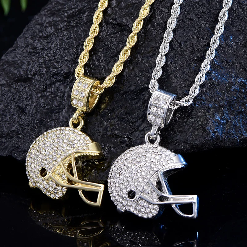 Rugby Helmet Pendant Sport Style For Men Iced Out Chain Shining Crystal Gold/Silver Charm Football Necklace Pendant NFL Helmet
