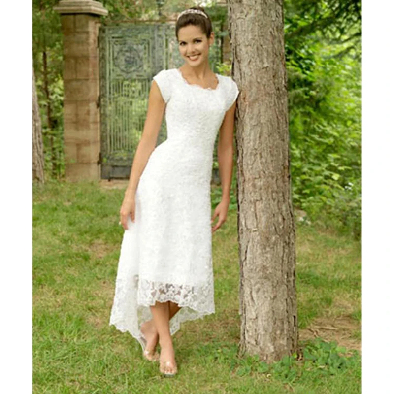 2019 полный шнурок Пляжные Свадебные платья Линия Jewel Рубашка с короткими рукавами Высокая Низкая Свадебные платья большого размера