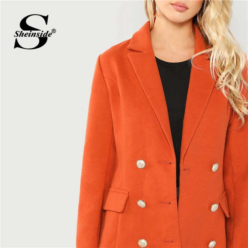 Sheinside, коричневое осеннее пальто, женская одежда, длинный рукав, повседневная верхняя одежда,, женское двубортное, с зубчатым вырезом, одноцветное, длинное пальто