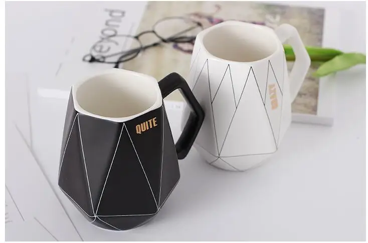 TECHOME Creative Ceramic Coffee Mug Black and White Polygon Geometric Mug Office Couple Private Mug Cup Gift for Friend Family