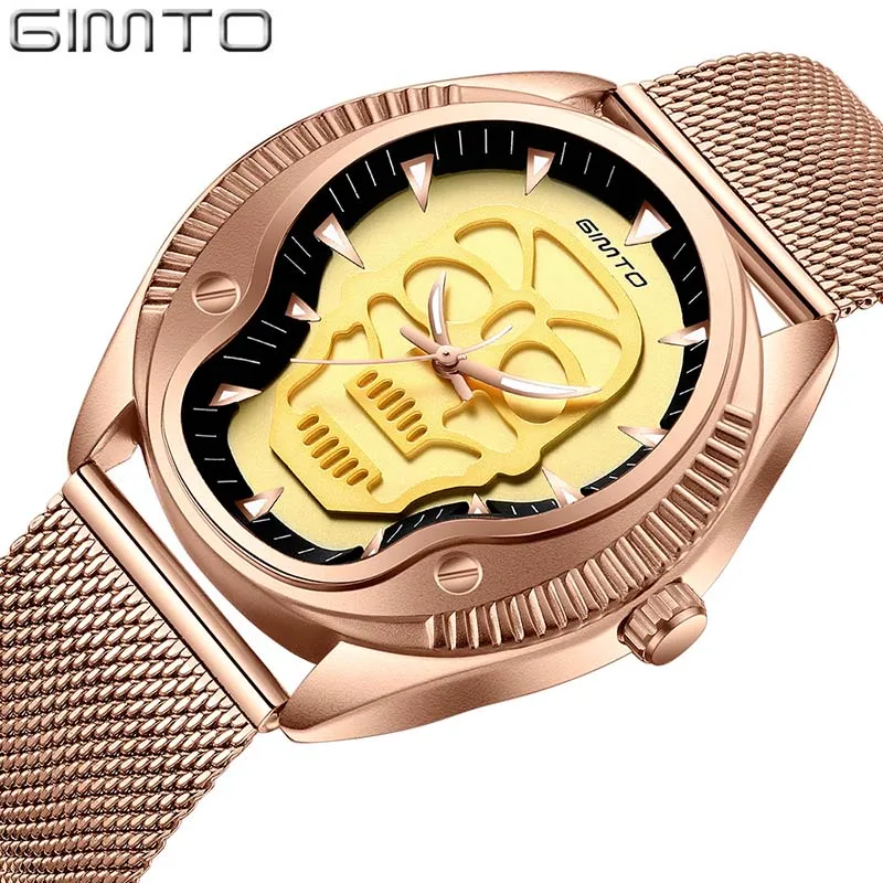 

Skull Men Watch GIMTO Gold Luxury Brand Unique Punk 3D Skeleton Male Casual Quartz Wristwatch Vintage Steel Creative Clock
