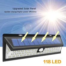 1 шт. Солнечная лампа 118 светодиодный PIR датчик движения лампа наружная 3 Режимы солнечные настенные лампы IP65 водонепроницаемые садовые Дворовые огни безопасности