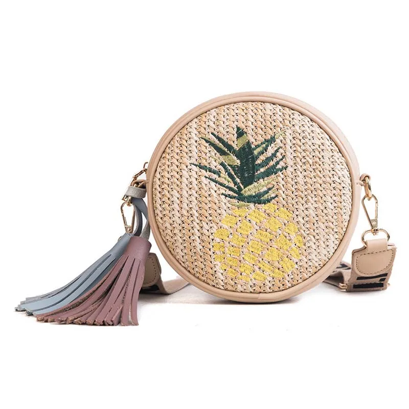 Women Travel Tassel Straw Bag INS Popular Summer Female Handbag Casual Lady Circle Shoulder Bag Pineapple Weave Crossbody SS3231 (11)
