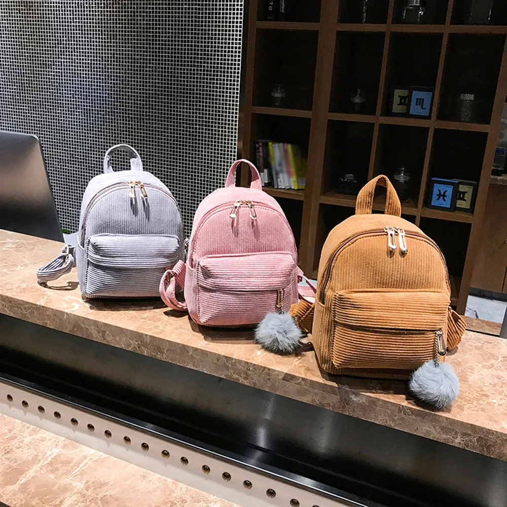 Рюкзак для девочек с помпонами, Вельветовая школьная сумка, студенческий рюкзак, ранец, дорожная сумка через плечо, мини-рюкзак для женщин